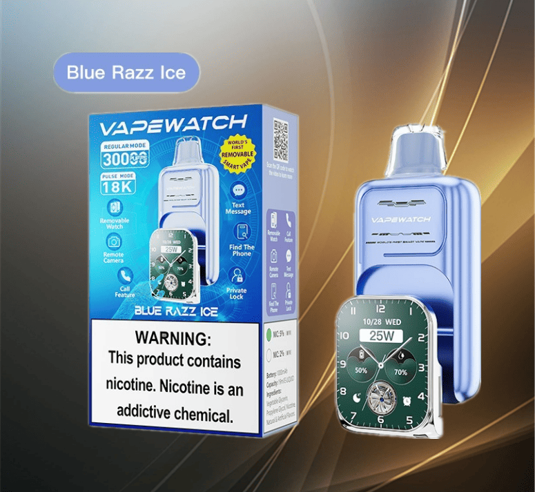JNR VapeWatch aftagelig skærm 30000 engangsvape engros Blue Razz Ice 2% Nikotin JNR VapeWatch aftagelig skærm 30000 engangsvape engros Blue Razz Ice 2% Nikotin