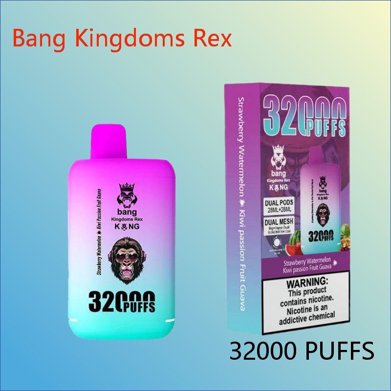 Strawberry Watermelon & Kiwi Passion Fruit Guava Bang Kingdoms Rex 32000 Dual Flavor Disposable Vape 2% Nicotine Wholesale Jordbær, vandmelon, kiwi, passionsfrugt og guava – Bang Kingdoms Rex 32000 engangs-e-cigaret med dobbelt smag, 2% nikotin – engros
